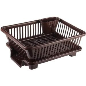 Kitchenwell Sink Dish Rack | 3 in 1 Large Durable Plastic Drainer Drying Rack Washing Basket with Tray | Dish Rack Organizers, Utensils Tools Cutlery | Brown, Pack of 1