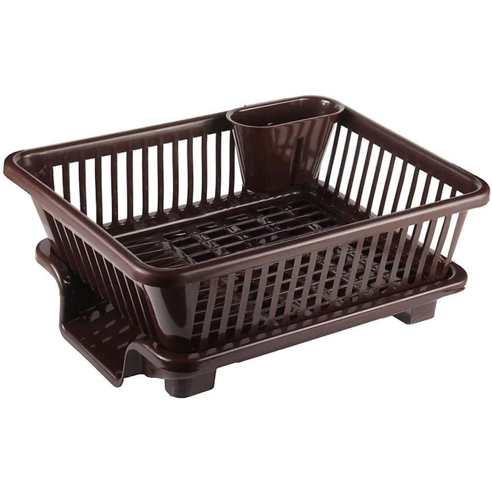 Kitchenwell Sink Dish Rack | 3 in 1 Large Durable Plastic Drainer Drying Rack Washing Basket with Tray | Dish Rack Organizers, Utensils Tools Cutlery | Brown, Pack of 1