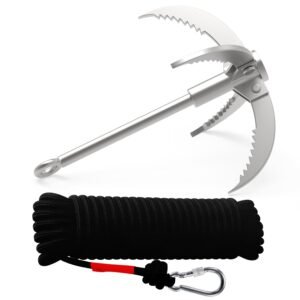 Ant Mag Grappling Hook Stainless Steel Claw Carabiner for Fishing & Retrieval with 20m/65ft 8mm Auxiliary Rope for Outdoor Climbing and Salvage Underwater