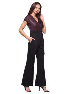 Miss Chase Women’s Halter Neck Sleeveless Solid Wide Leg Sequin Paneled Regular Length Jumpsuit