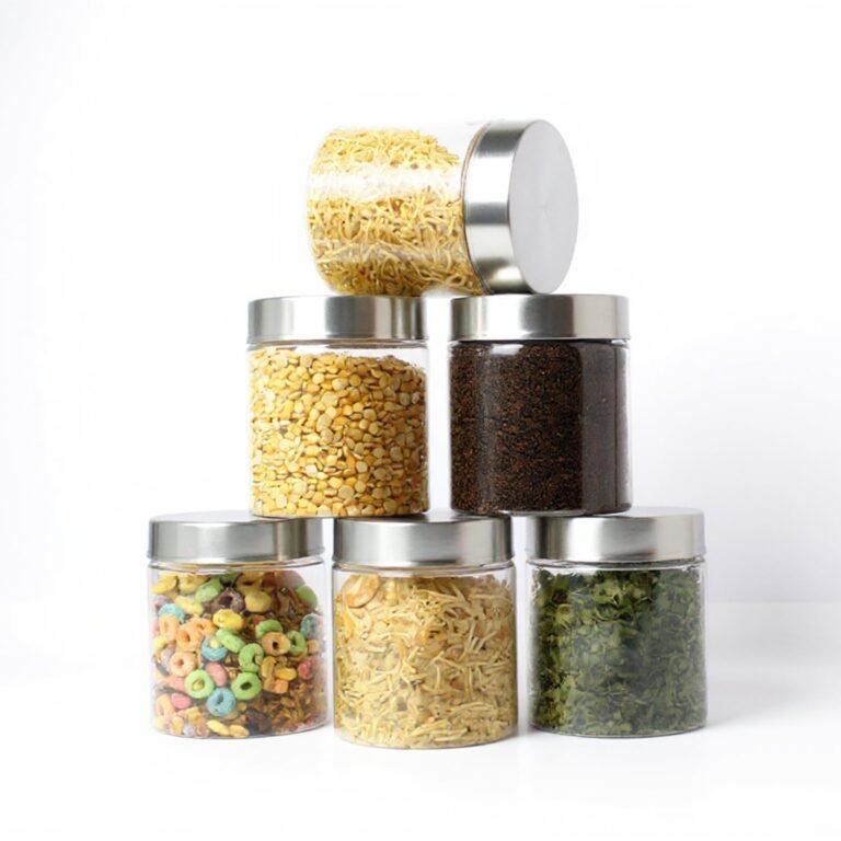PEARLPET Plus Range Plastic Storage Jars & Containers For Kitchen |Stackable |Air Tight| Steel Cap Jar Set Of 6 Food Grade Boxes For Kitchen storage | Bpa-Free |6 pieces of 500 Ml,Transparent