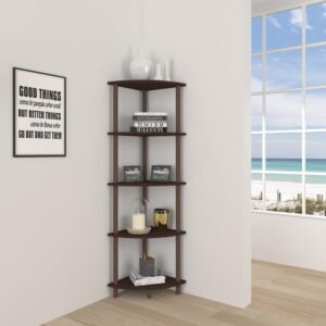 FLIPZON 5 Tier Freestanding Wooden Corner Display Rack Multipurpose Shelving Unit with Turn – N – Tube Design, Dark Brown/Black