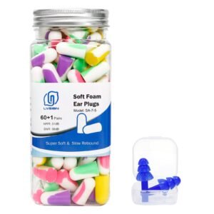 LYSIAN Ultra Soft Foam Earplugs for Sleep, 38dB Noise Cancellation Ear Plugs & Sound Reduction for Sleeping, Snoring, Shooting, Mowing – 60 Pairs Multi-Color