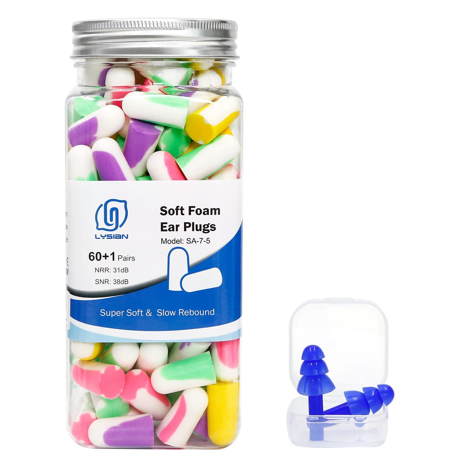 LYSIAN Ultra Soft Foam Earplugs for Sleep, 38dB Noise Cancellation Ear Plugs & Sound Reduction for Sleeping, Snoring, Shooting, Mowing – 60 Pairs Multi-Color