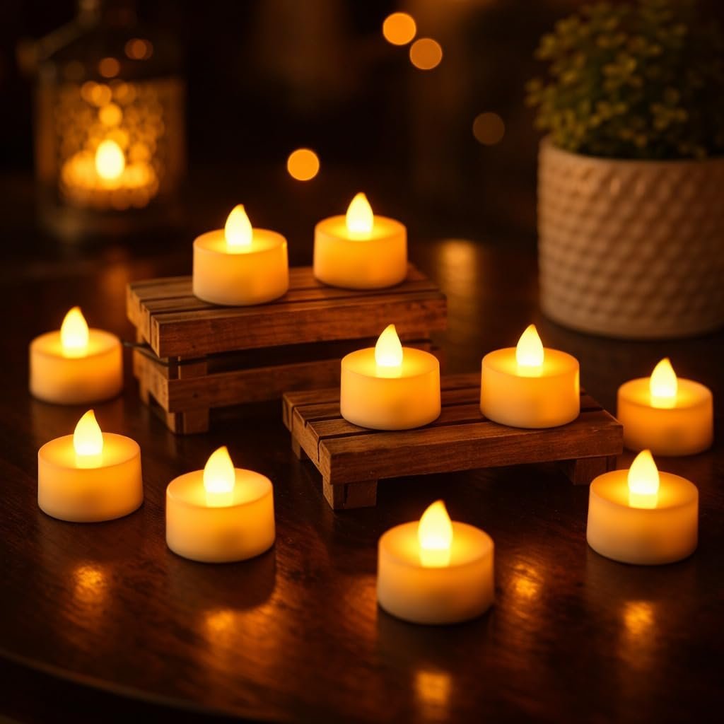 SATYAM KRAFT 12 Pcs LED Tea Light Candles | Flameless, Smokeless Diyas | Decorative Acrylic Candles for Ganpati Decoration Setup for Home, Home Decor, Birthday, Diwali Decor, Festival Gifting