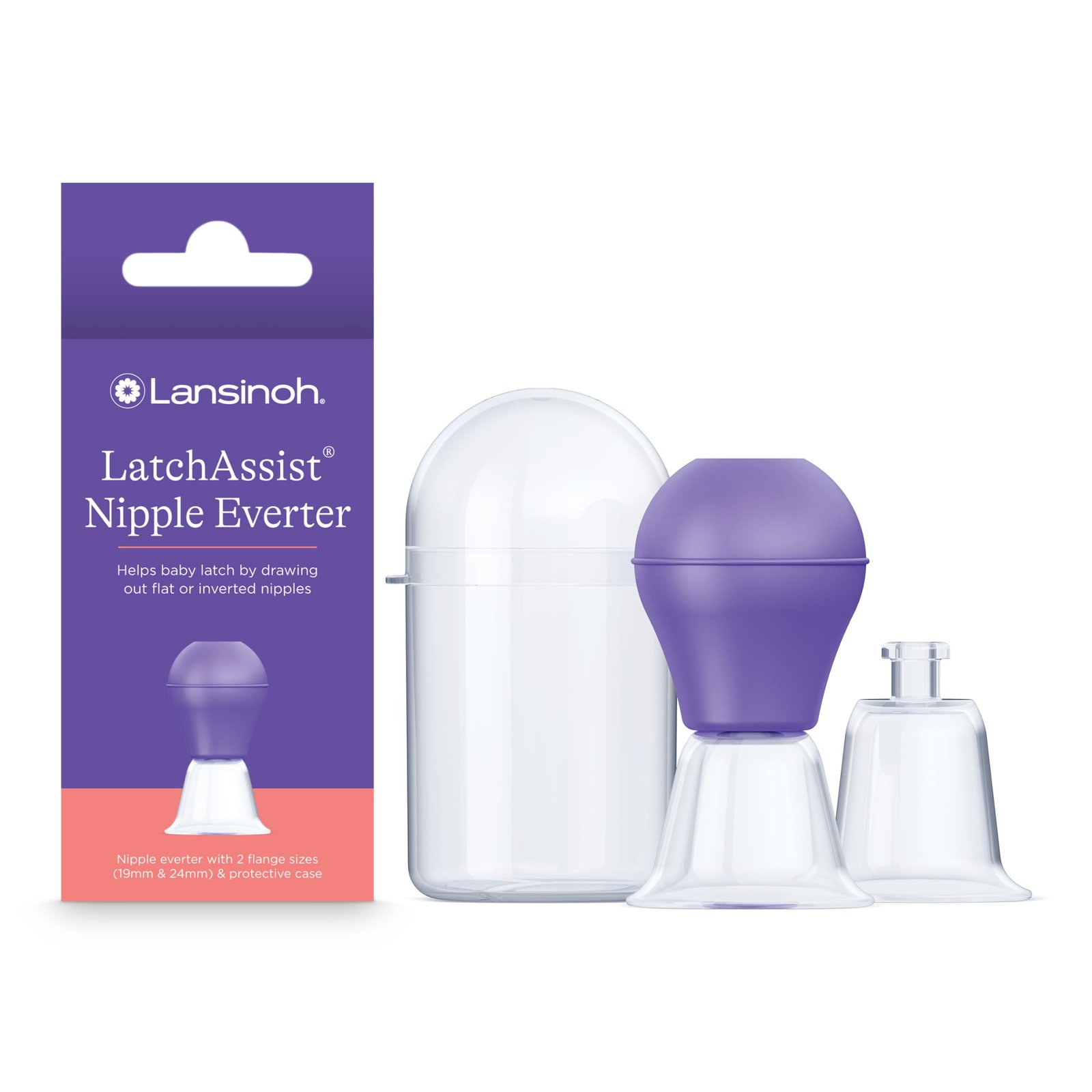 Lansinoh LatchAssist Nipple Everter for Breastfeeding Mums, Draws Out Flat or Inverted Nipples, Helps Baby Latch-on to Breastfeed, Non-Toxic, Easy to Clean, 2 Flange Sizes and Carry Case for Hygiene