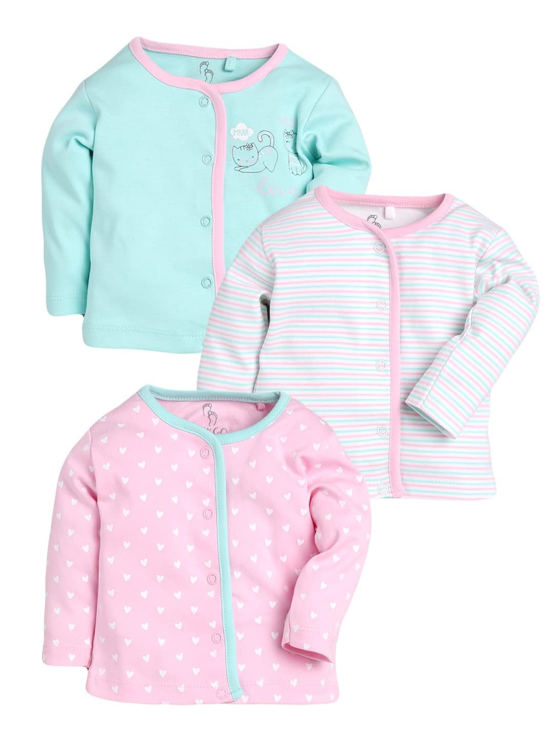 BABYGO Unisex Baby 100% Cotton Full Sleeve Front Open T-Shirt Pack of 3|Soft Breathable Infant Clothing Set with Snap Buttons|Comfortable Layering Top for Newborn Baby Boys & Baby Girls Regular Fit