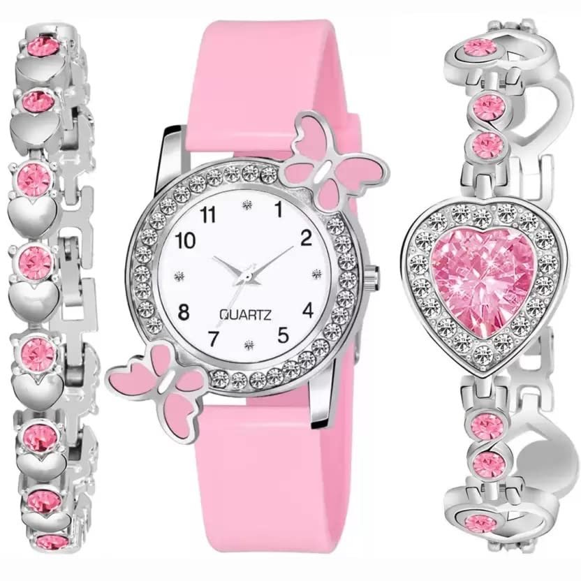 Acnos® Premium White Dial Diamond Pink Analog Watch Love Heart Diamond Bracelet for Girls Best Design Butterfly Combo 3 Pack of 3