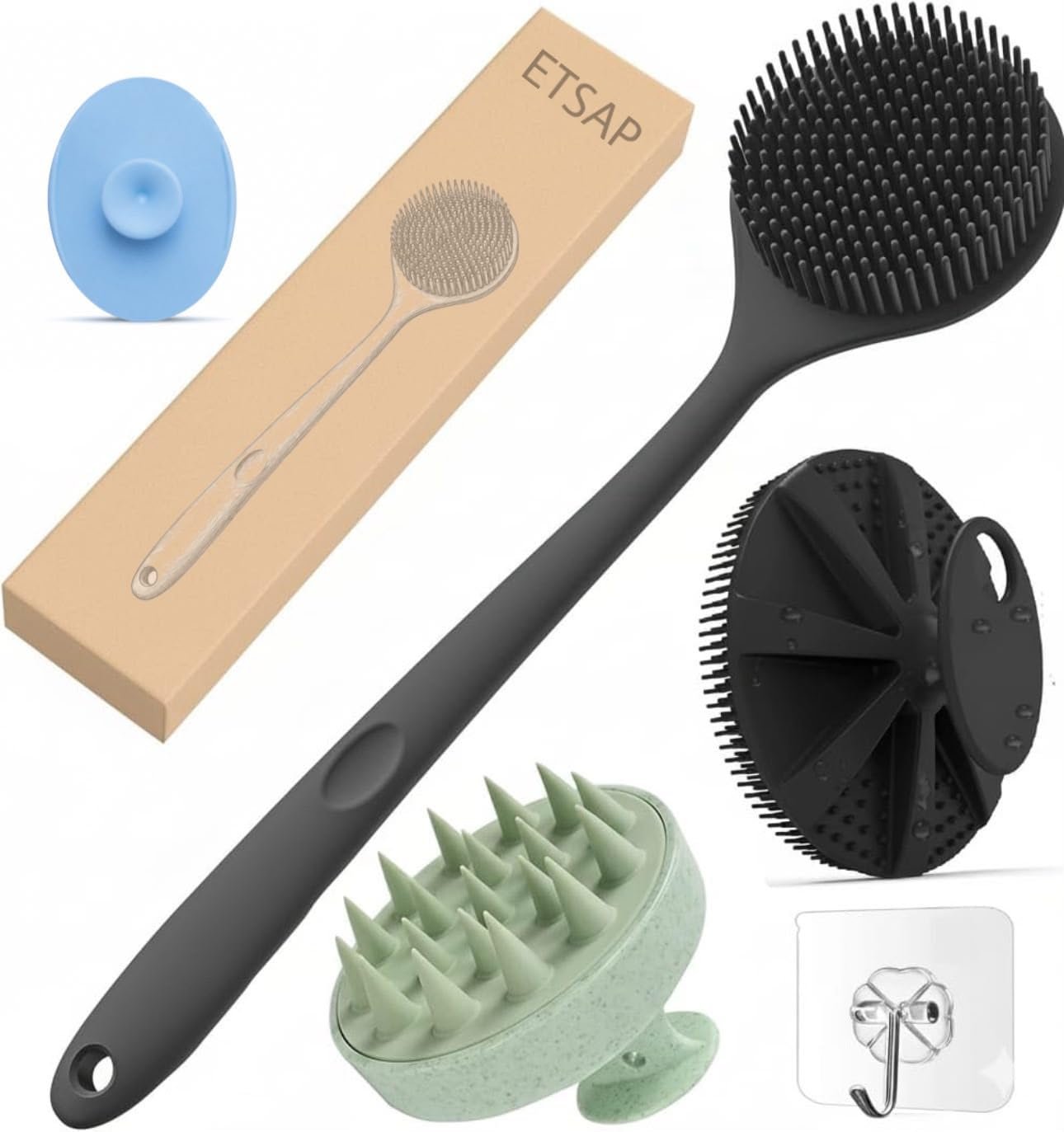 Soft Silicone Back Scrubber Long Handle Bath Brush + Body Scrubber Bath Brush + Scalp Massager for Hair + Face Scrubber Brush, Combination Combo, Super-Exfoliating & Lathering Body Scrubber, Shower Brush | BPA-Free | for Men and Women (With A Free Hook 3-pic)