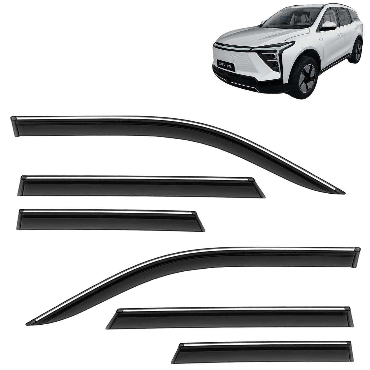 KINGSWAY Accessories Chrome Lining Door Visor Only Compatible with Mahindra XEV 9S (Year 2026 Onwards) All Model, Premium Chromeline Unbreakable Car Rain Guard Side Rear Wind Deflectors, Set of 6 Pcs
