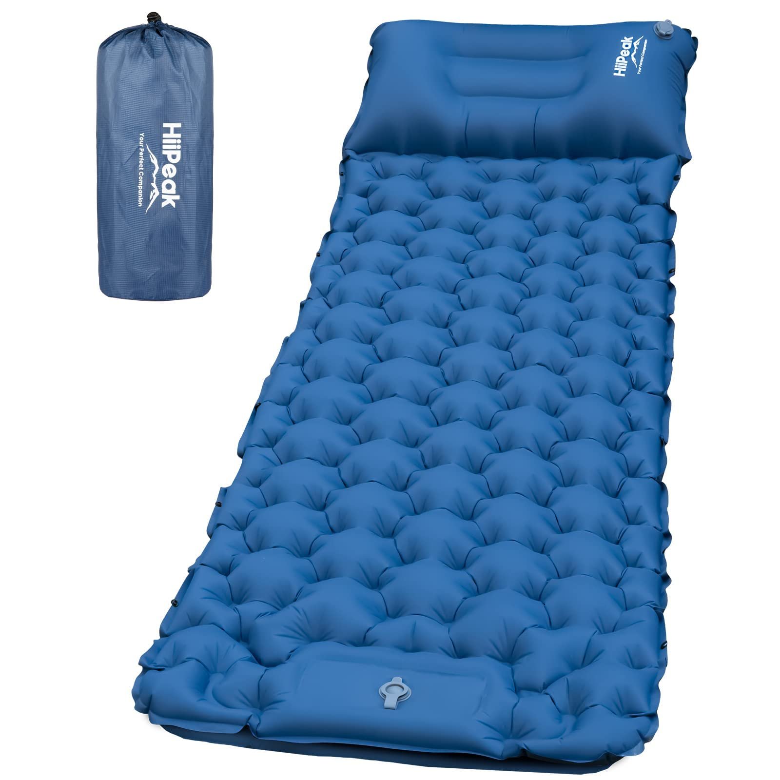 HiiPeak CA04 Blue Single Inflatable Sleeping Mat with Built-In Foot Pump, 76.77 x 27.5 x 3.9 Inches, 3.5 – 4 Inch Thick, Waterproof, 300 lbs Capacity, Camping, Travel, Hiking