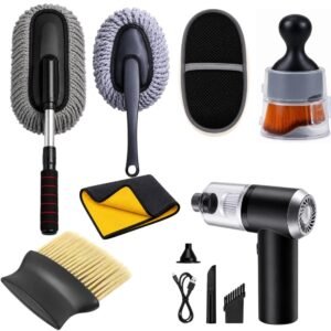 7 PCS Car Cleanig Kit with 3-in-1 Mini Vacuum Cleaner, Microfiber Cloth,Big Duster,Car Cleaning Anti-Fog Spray,Wheel Brush,AC Vent Brush&Interior Cleaning for velar,Truck