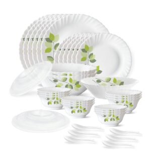 Larah by Borosil 35 Pieces Green Leaves Opalware Dinner Set for Family of 6