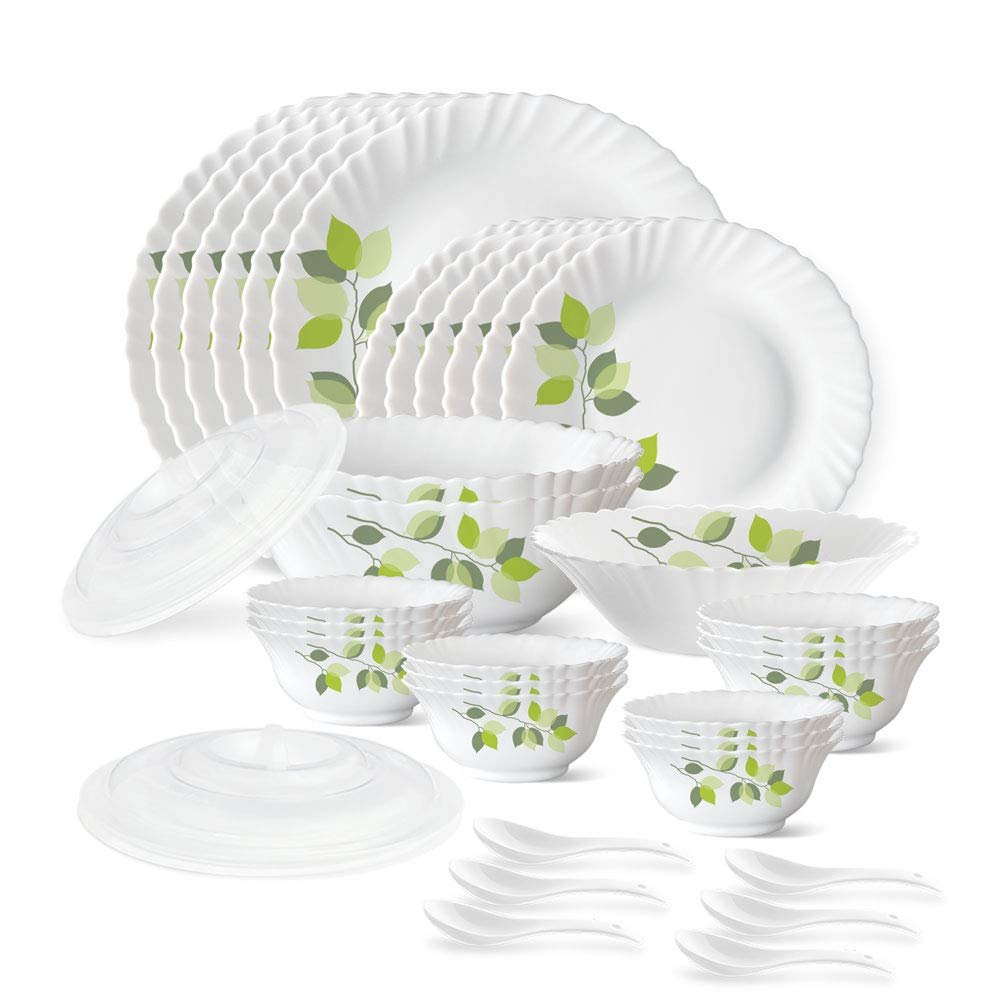 Larah by Borosil 35 Pieces Green Leaves Opalware Dinner Set for Family of 6