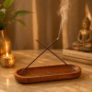 Pure Source India Wooden Incense Holder & Ash Catcher for Pooja, Handmade Agarbatti Stand for Home Fragrance & Meditation, Decorative Oval Incense Burner 11 x 4 Inch