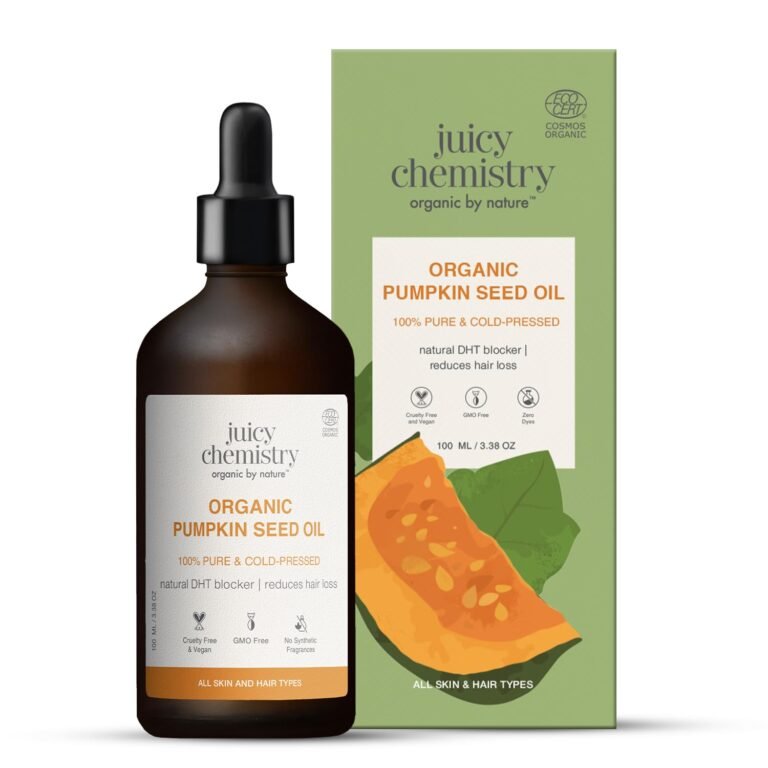 Juicy Chemistry Organic Pumpkin Seed Oil, 100ml | 100% Pure, Cold Pressed & Therapeutic Grade | Nourishes Skin, Hair & Scalp | Natural DHT Blocker | Hydrating & Rich in Antioxidants | Strengthens Nails & Prevents Chipping | Dermatologically Tested