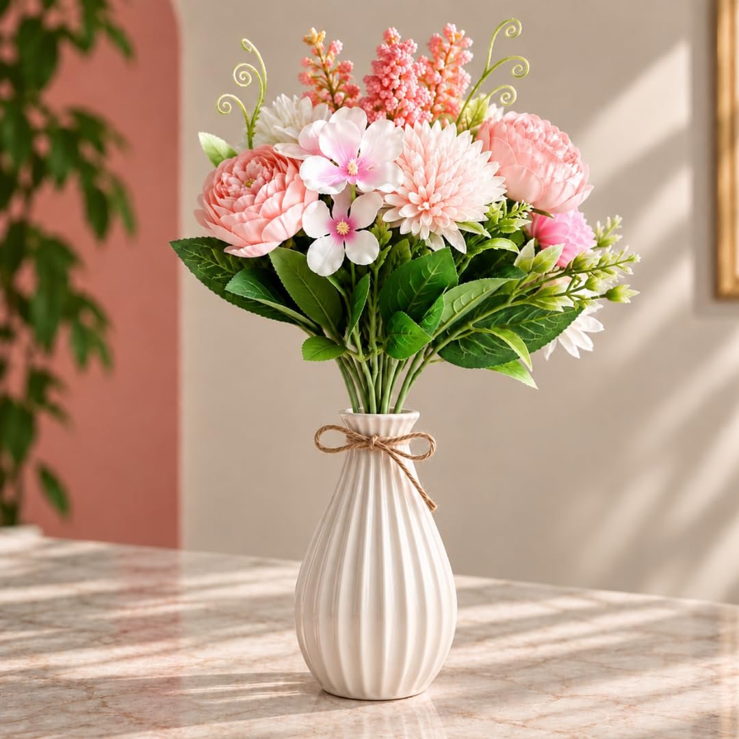 SATYAM KRAFT 1 Pcs Artificial Multiflora Flower Roses Fake Sticks Bunch Decorative Items for Home Decor, Bouquets, Bedroom, Living Room, Wedding, Festive Decor (Without Vase)