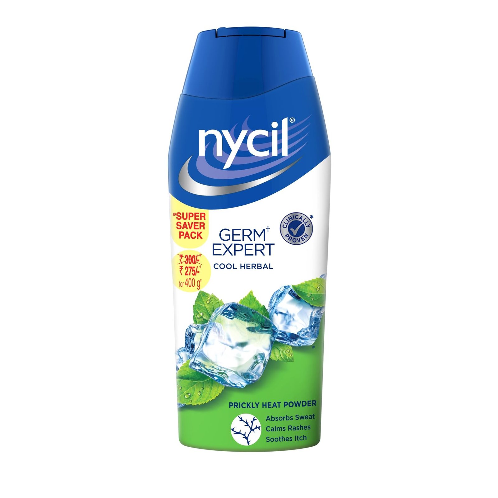 Nycil Germ Expert Cool Herbal Prickly Heat Powder, Clinically Proven Anti-Bacterial Formula with Neem Oil to Absorb Sweat, Calm Rashes and Soothe Itch for Summer Skin Relief, 400g Pack
