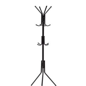 Free-Standing Coat Rack Metal Stand – Hall Tree Entry-Way Furniture Best for Hanging Up Jacket, Purse, Hand-Bag, Cloth, Hat, Winter Scarf Holder – Home or Office Floor Hanger 12-Hooks Organizer, Black