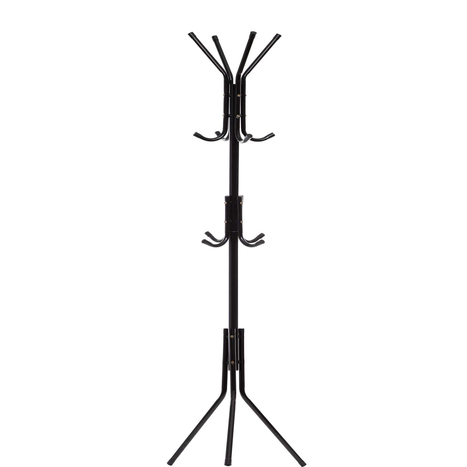 Free-Standing Coat Rack Metal Stand – Hall Tree Entry-Way Furniture Best for Hanging Up Jacket, Purse, Hand-Bag, Cloth, Hat, Winter Scarf Holder – Home or Office Floor Hanger 12-Hooks Organizer, Black