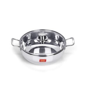 Sumeet Stainless Steel Kadhai with Glass Lid, Cooktops & Induction Friendly, Size No.11, 1.5L