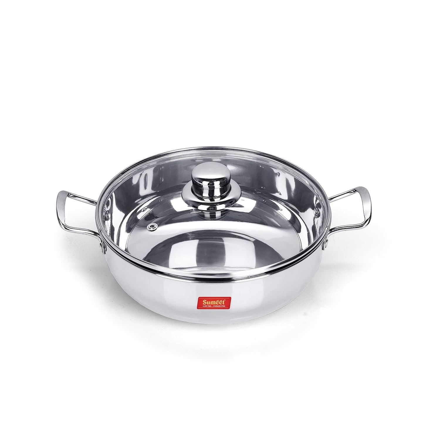 Sumeet Stainless Steel Kadhai with Glass Lid, Cooktops & Induction Friendly, Size No.11, 1.5L