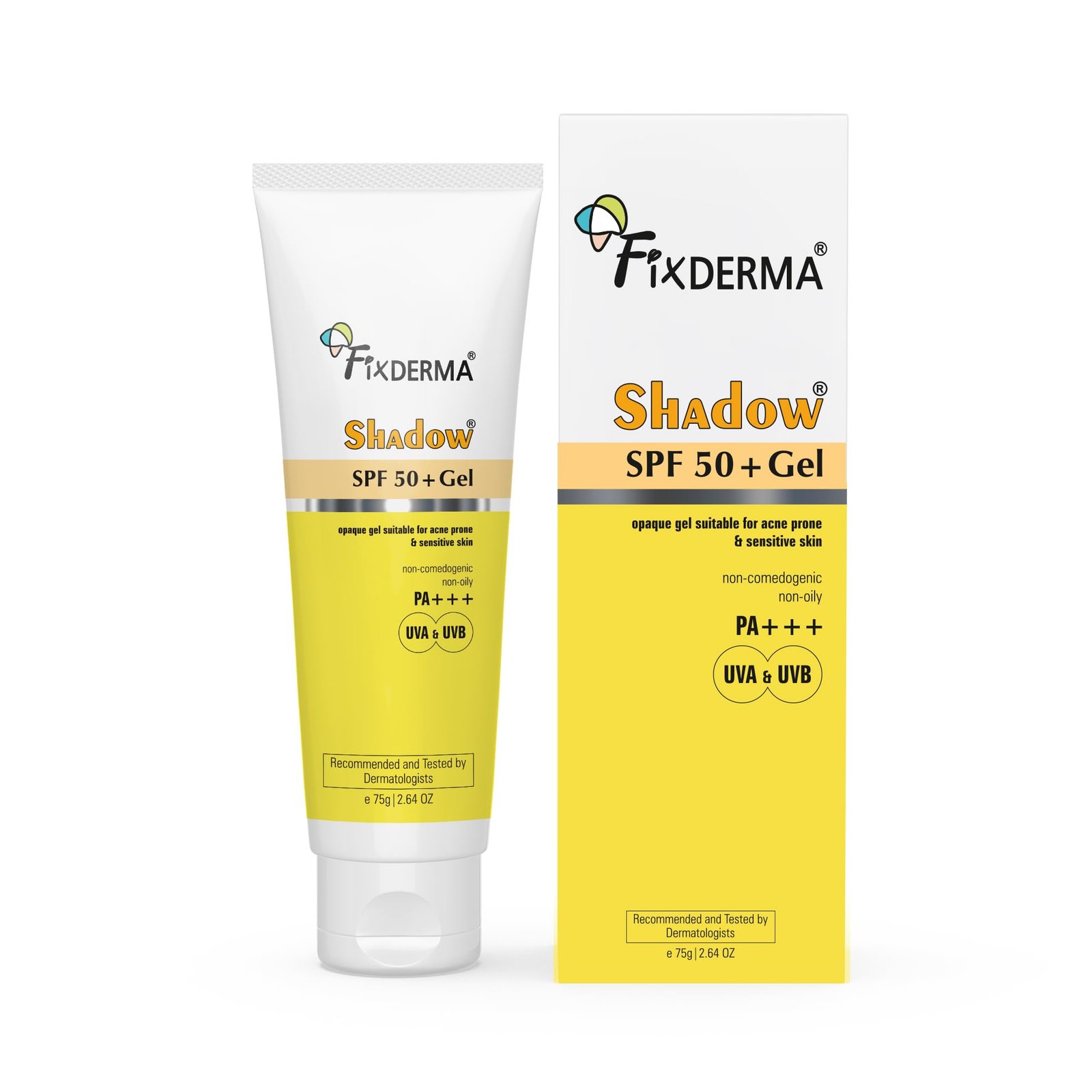 Fixderma Shadow Sunscreen SPF 50+ PA+++ Gel | Sunscreen SPF 50 for Oily, Acne Prone & Normal Skin | Broad Spectrum & UVA & UVB Protection | Lightweight | No White Cast | For Unisex – 75G