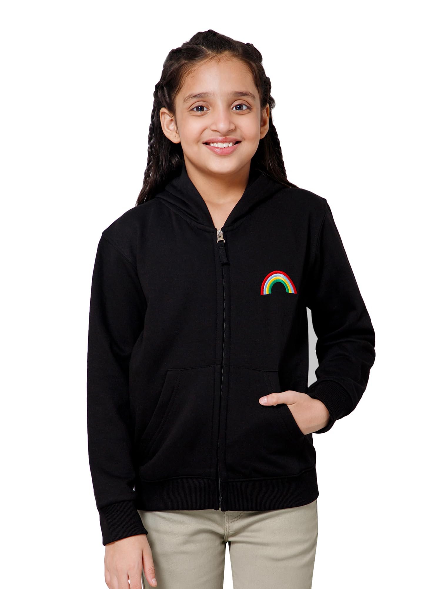 Alan Jones Clothing Girls Zipper Hooded Sweatshirt | Placement Print | Insert Pockets | Ribbed Hem | Regular Fit