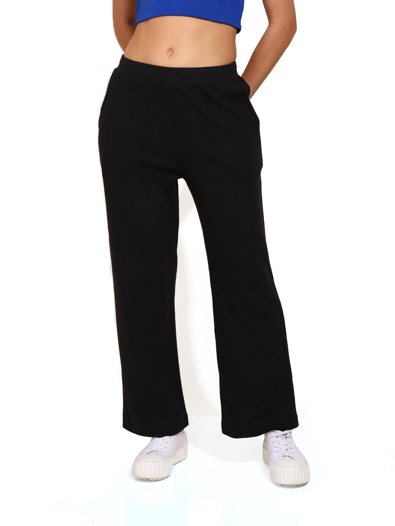 Alan Jones Clothing Women’s Straight Fit Mid Rise Solid Stretch Waffle Straight Pants