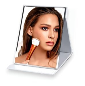 Foldable Makeup Mirror with Stand, Compact Portable Folding Free Standing Travel Vanity Mirror, Frameless PU Leather (White-Pack of 1, Unframed, Rectangular, Floor Mount)