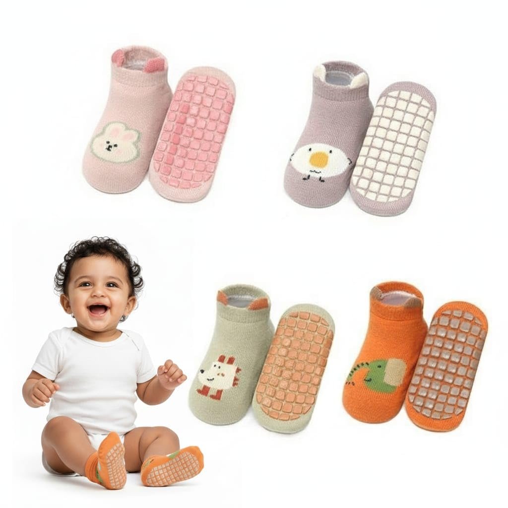 TONY STARK BABY 4 Pairs Ultra-Soft Cotton Socks Set, Antislip Socks for New Born Babies 0-3 Years, Non Slip Grip Ankle Socks with Non Skid Soles for Infants Baby Shower Gifts – Random colors