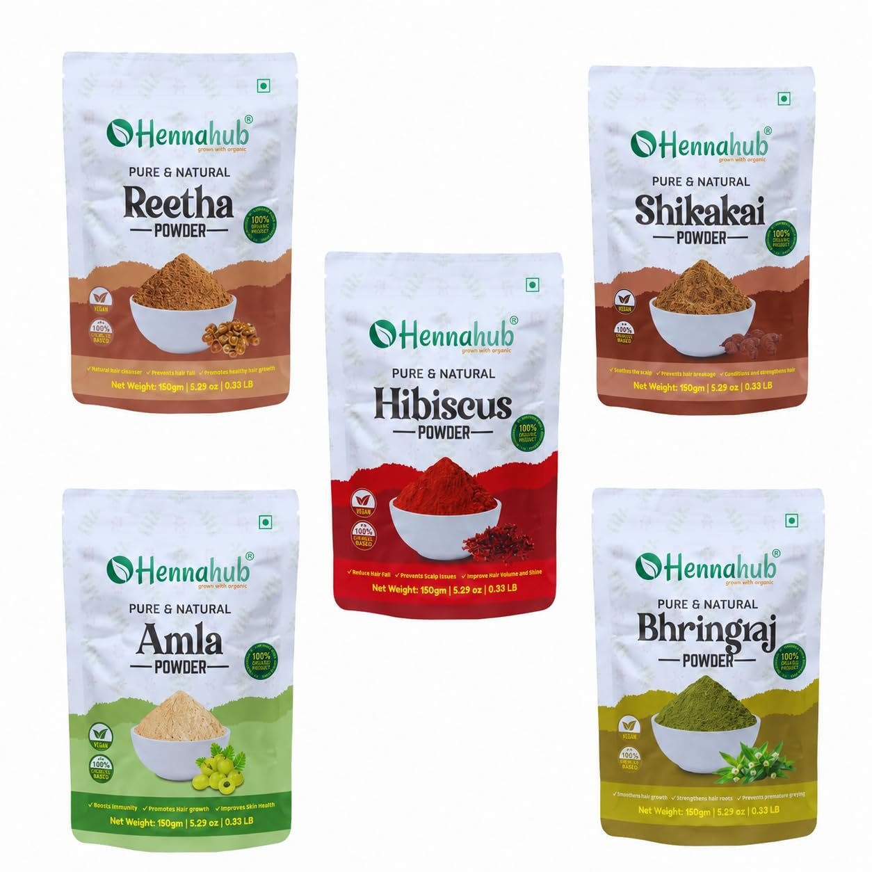 Hennahub Amla, Reetha, Shikakai, Bhringraj and Hibiscus Powder for Hair Growth & Hair Mask, 150g each (Combo Pack of 5)