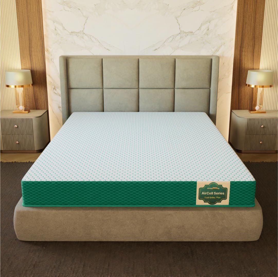SleepyHug AirCell Ortho Dual Comfort Plus 6 Inch Mattress |Reversible Hard & Soft | 2 Side |7 Years Warranty | Back Pain Relief| Orthopedic | Double Bed Size White & Teal (LxWxH -75x48x6 Inch)