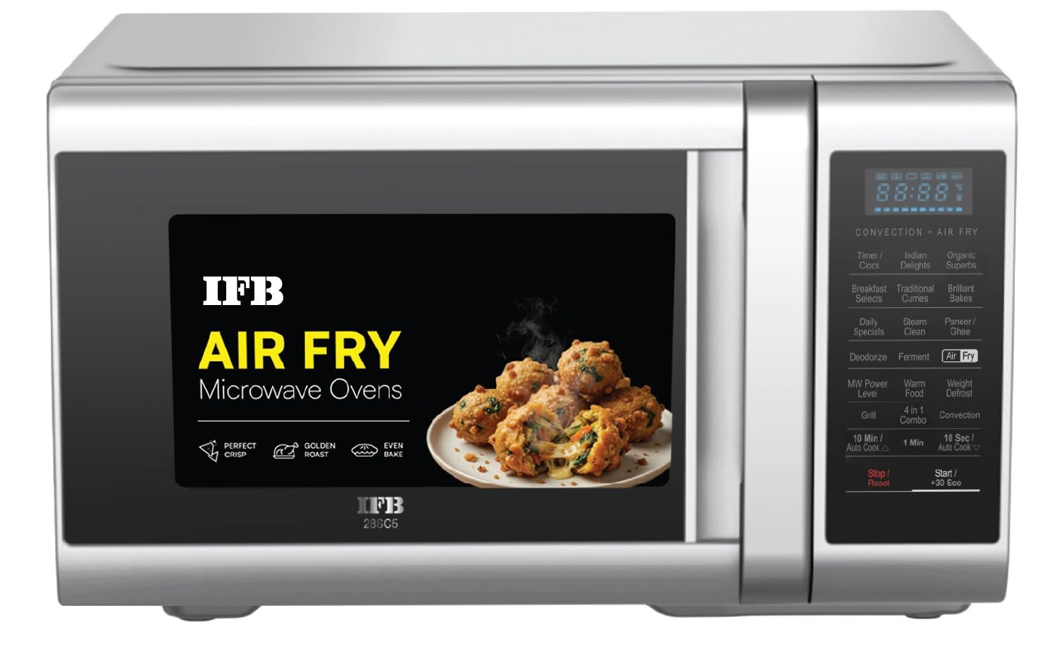 IFB 28 L Air Fry Convection Microwave with 5 in 1 Versatility Bake, Grill, Roast, Reheat, Combi-Cook Mode, Paneer/Ghee Modes, 300 Auto Cook Menus (28SC5, Silver, Auto Defrost,10 Power Levels)