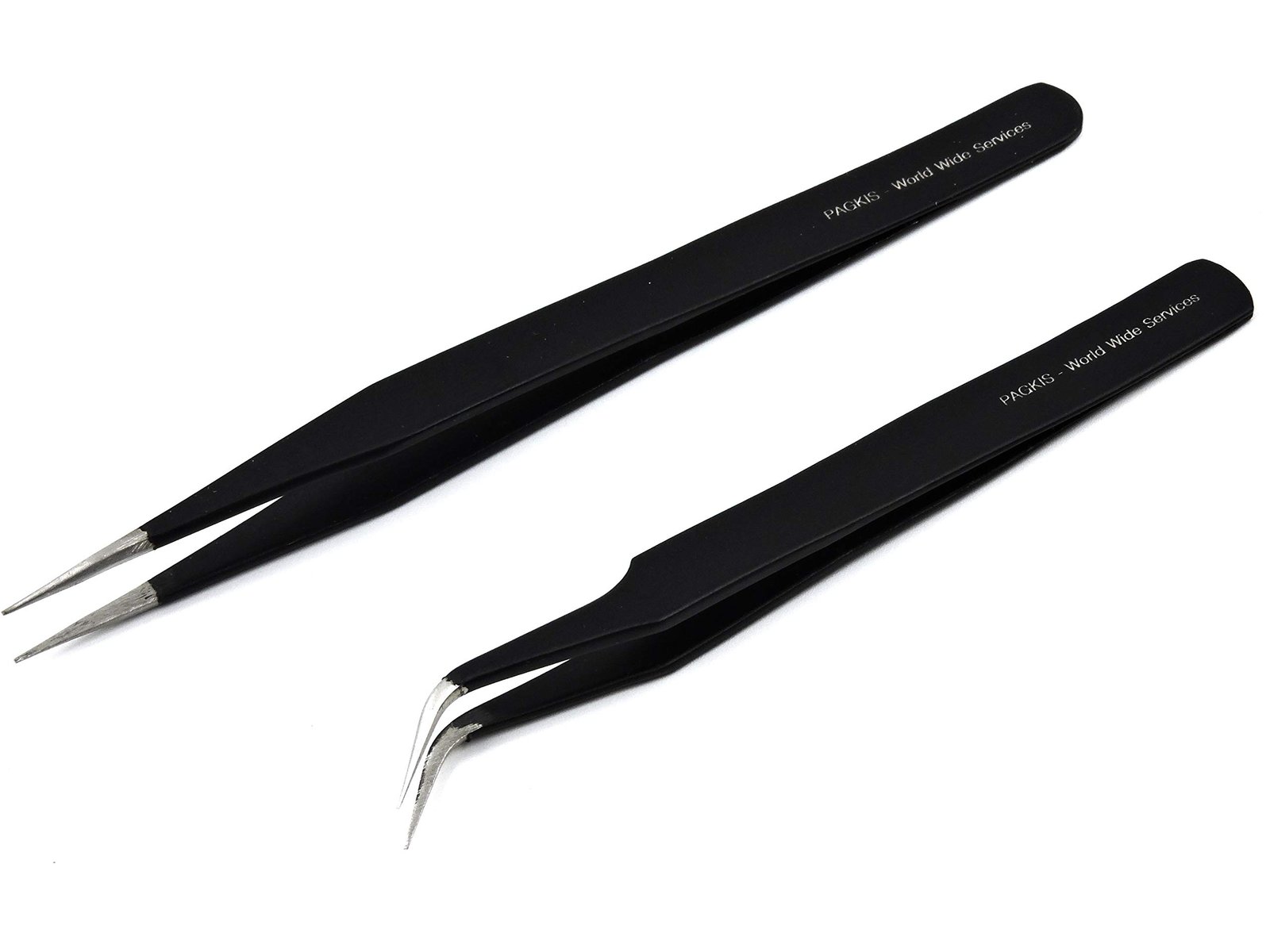 PagKis Set of 2 Black Coated Stainless Steel Tweezers – Straight & Curved