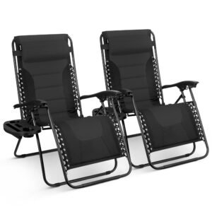 KEPLIN Set of 2 Heavy Duty Textoline Zero Gravity Chairs for Garden Light Reclining Patio Sun loungers Easy to Clean Adjustable Head Rest Foldable with Cup & Phone Holder (Black)