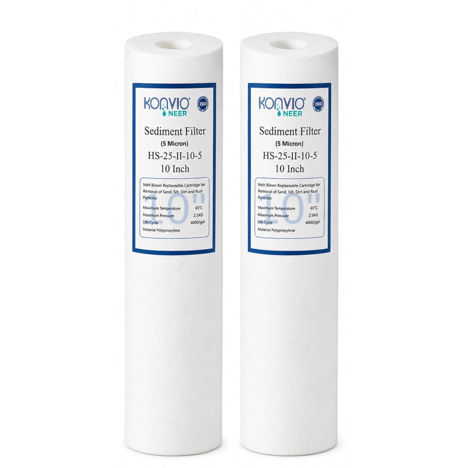 KONVIO NEER 10 Inch PP Spun Filter Cartridge, 5 Micron, High Density Polypropylene Pre Filter for Standard 10 Inch Water Purifier Pre Filter Housing, Pack of 2