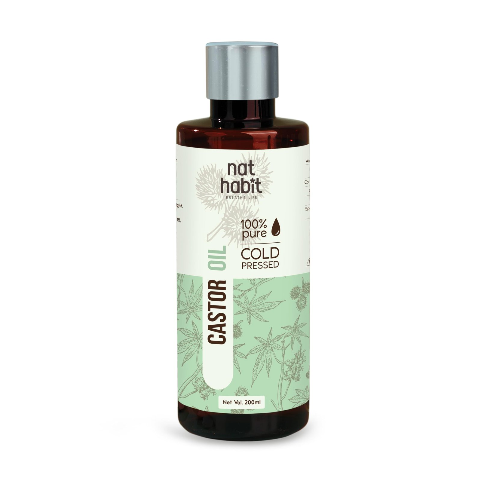 Nat Habit Cold Pressed 100% Pure Castor (Arandi) Oil for Skin & Hair With Vitamin E, Omega-6 & 9, Mineral Free & Preservative Free (200 ml)