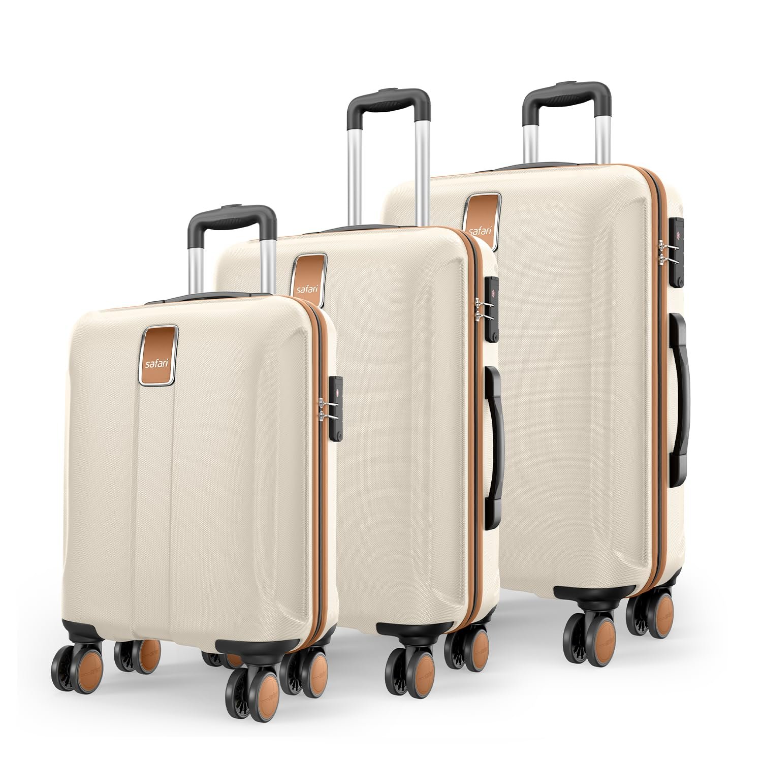 Safari Thorium Royale 8 Wheels Set of 3 Trolley Bags Hard Case Polycarbonate Luggage, TSA Lock, Wet Pouch Organized Interior, Suitcase for Travel, Trolley Bags for International Travel, Vanilla Tan