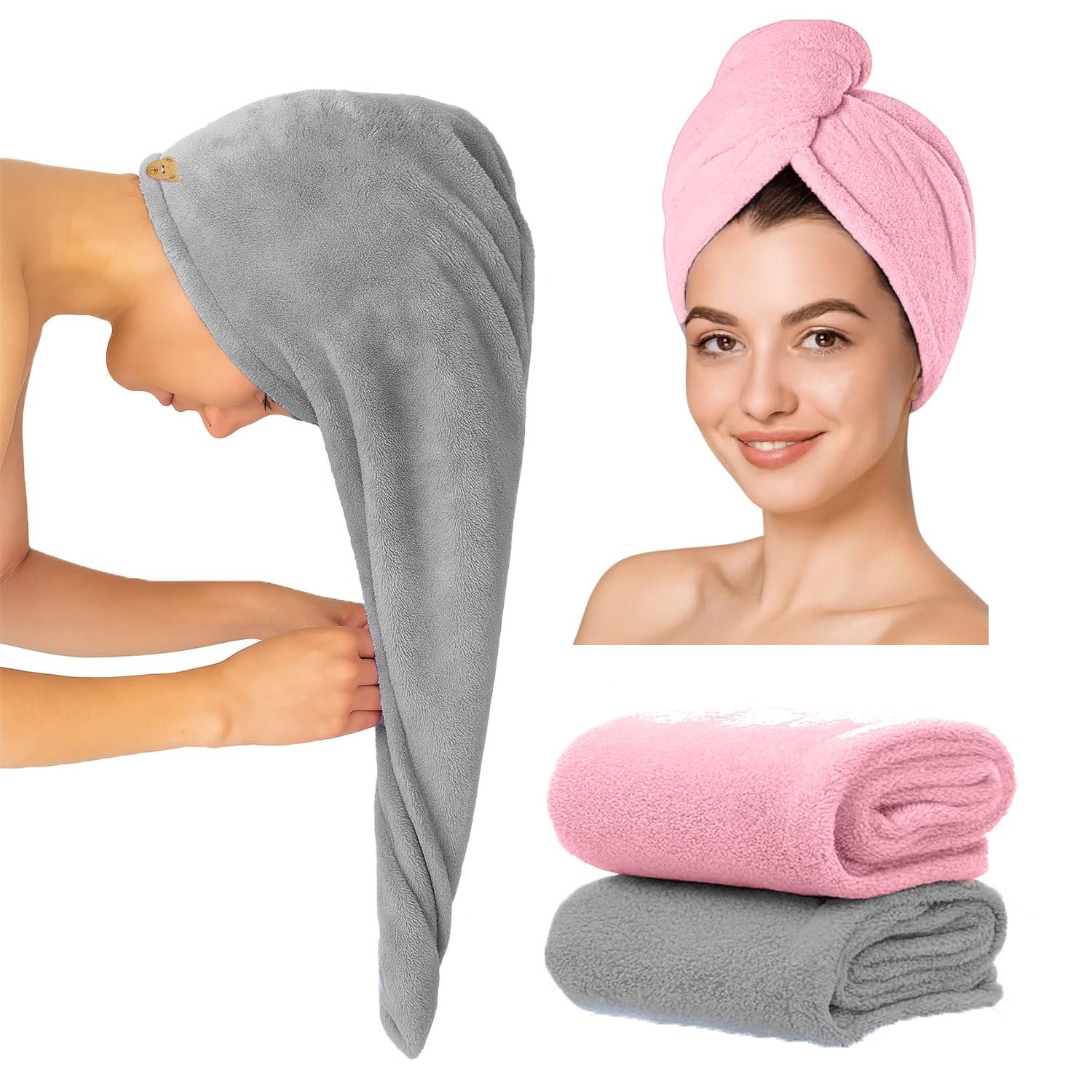 MAXOSHINE Hair Towel Wrap for Women-Quick Drying Microfiber Towel for Hair with Elastic Loop for Tying-Super Absorbent Head Towels Wrap for Ladies Hair Turban (Pack of 2-Grey & Pink)