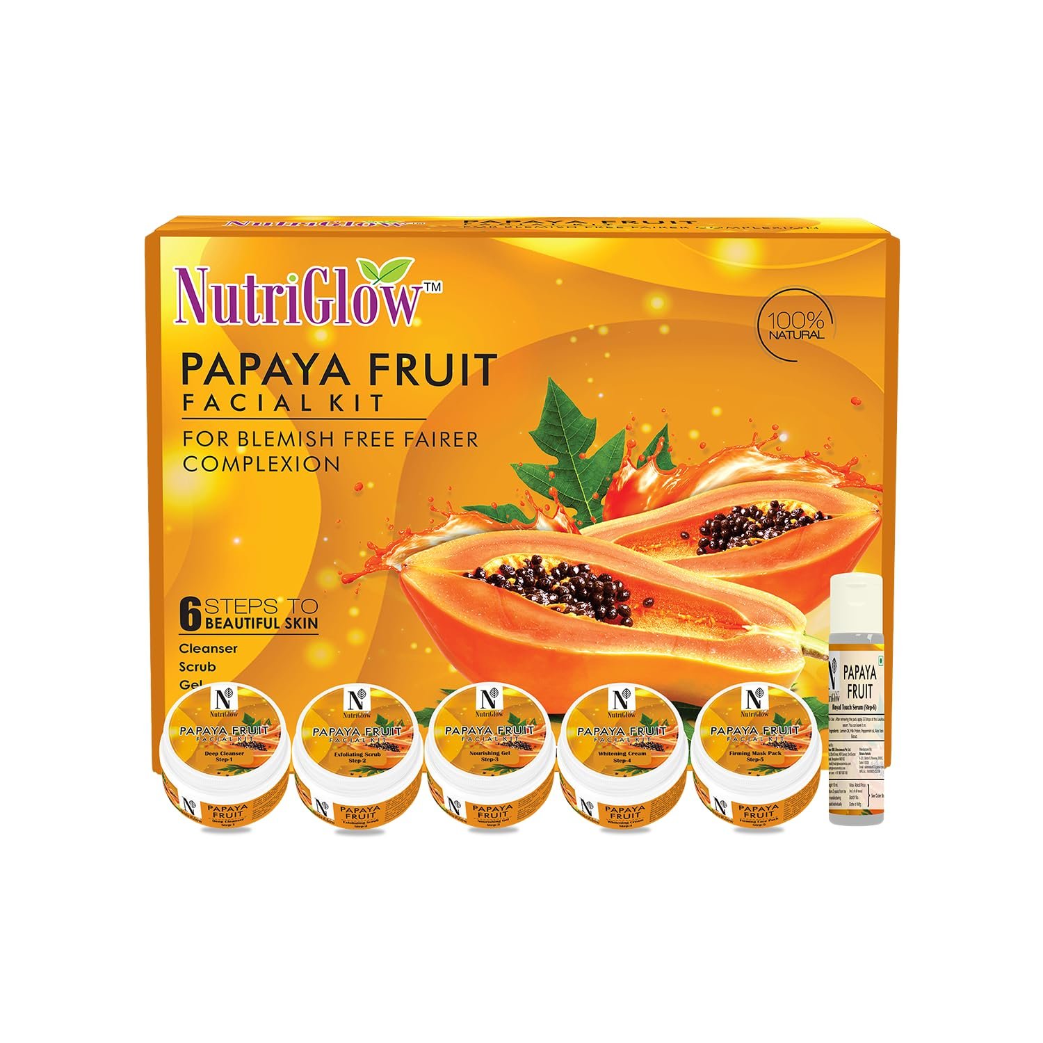 NutriGlow Papaya Facial Kit with Papain Enzyme — 6-Step At-Home Parlour Facial for Tan Removal, Blemish-Free & Glowing Skin | No Parabens & Sulphates | All Skin Types | 250g + 10ml Serum