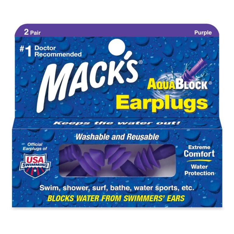 Mack’s AquaBlock Swimming Earplugs – Comfortable, Waterproof, Reusable Silicone Ear Plugs for Swimming, Snorkeling, Showering, Surfing and Bathing