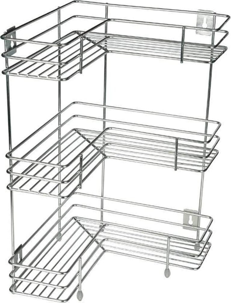 Rasvesh Rust Free Stainless Steel Fruit and Vegetable Stand Basket Trolley Modern Onion Potato Kitchen Storage Steel Rack -Triple Tire Trolley Shelf (Silver) (3 L Corner), Floor Mount, Corner Shelf