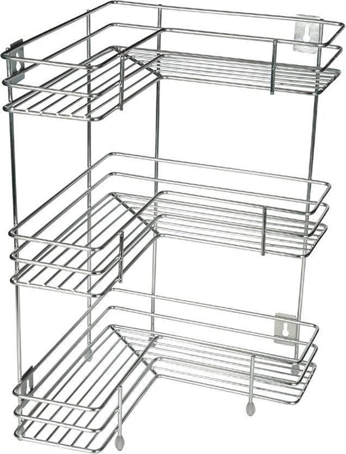 Rasvesh Rust Free Stainless Steel Fruit and Vegetable Stand Basket Trolley Modern Onion Potato Kitchen Storage Steel Rack -Triple Tire Trolley Shelf (Silver) (3 L Corner), Floor Mount, Corner Shelf