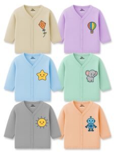 Kidbee Unisex Baby Boys & Girls Cotton Jabla Tops/Jabla/T-Shirt, Skin-Friendly Fabric, Front Button, Full Sleeve, Pack of 6