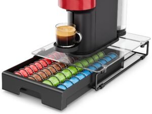 EVERIE Crystal Tempered Glass Top Storage Organizer Drawer for Nespresso Capsules, Holds 40 Big or 52 Small Vertuoline Pods