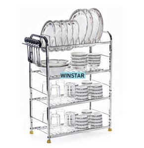 WINSTAR Stainless Steel 4 Shelf Wall Mount Kitchen Utensils Rack | Dish Rack with Plate & Cutlery Stand | Modular Kitchen Storage Rack | Kitchen Organizer (18×24 inches)