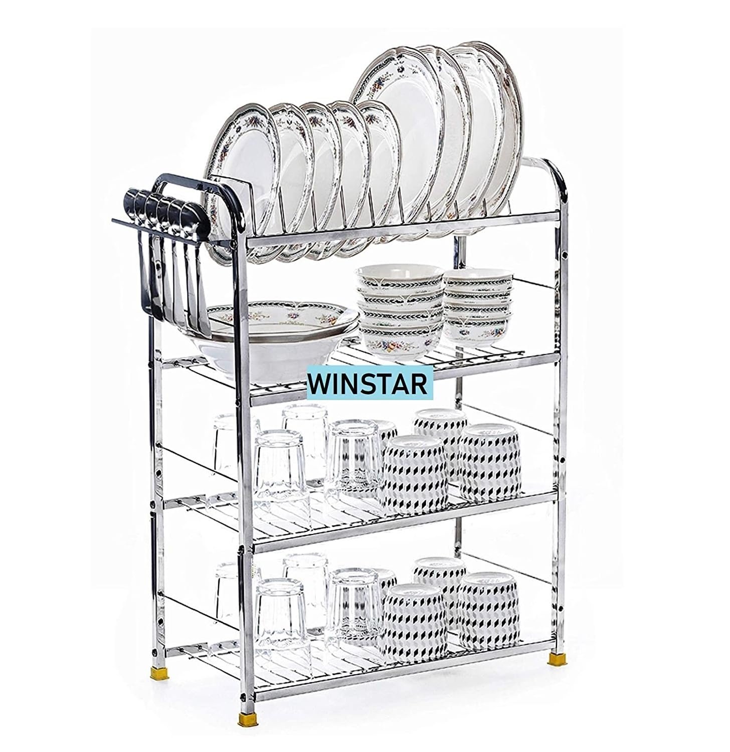 WINSTAR Stainless Steel 4 Shelf Wall Mount Kitchen Utensils Rack | Dish Rack with Plate & Cutlery Stand | Modular Kitchen Storage Rack | Kitchen Organizer (18×24 inches)