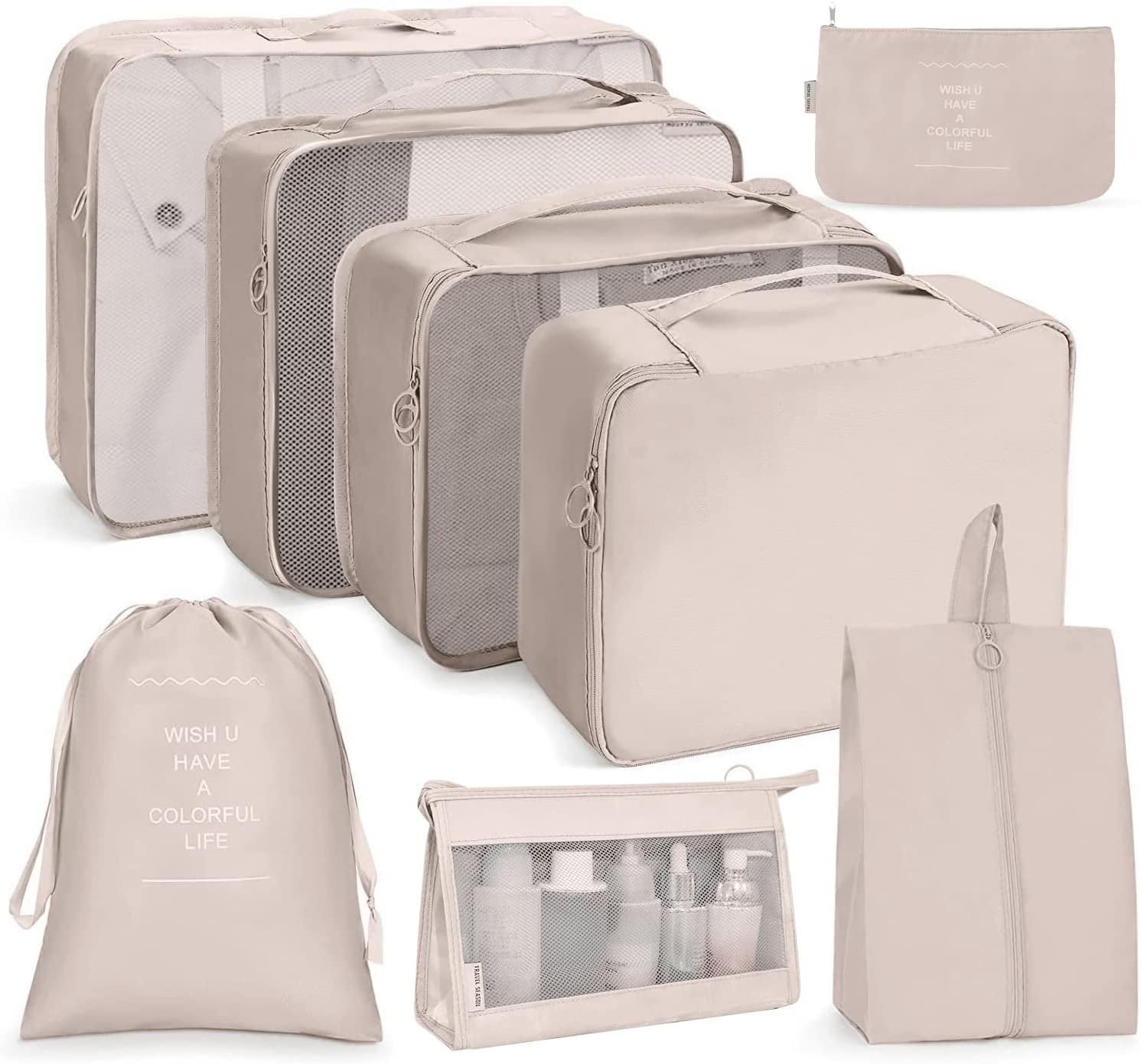 Oceanevo 8 Pcs Packing Cubes for Travel, Travel Organizer Bags for Luggage, Suitcase with Toiletry Pouch and Shoe Bag – Set of 8 – Beige