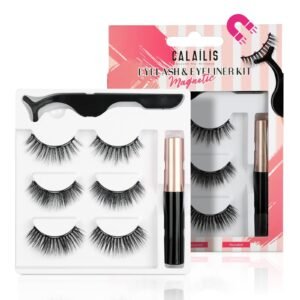 CALAILIS Magnetic False Eyelash and Magnetic Eyeliner Kit, Eye Makeup Waterproof Liquid Eye Liner, 3D Faux Mink Lashes Natural Reusable Lashes 3 Pairs, Free Applicator(CY302）
